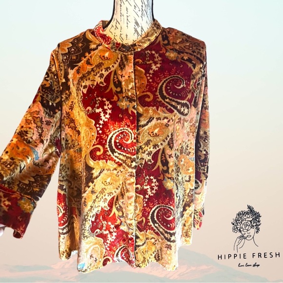 Soft Surroundings Bronze Montaigne Floral Paisley Velvet Button Down PL - Picture 2 of 12